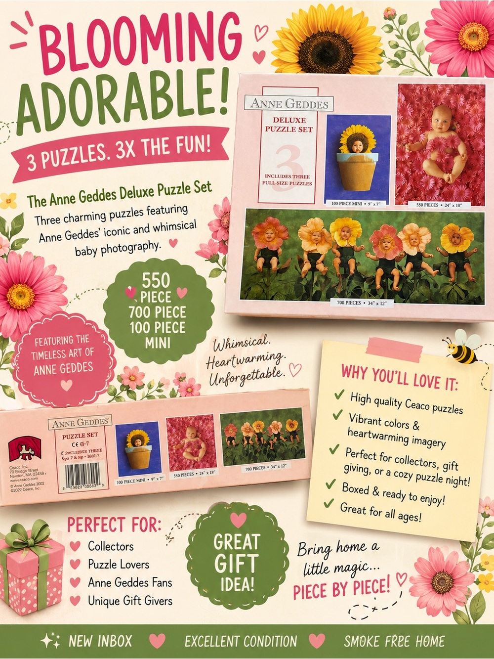 Anne Geddes Deluxe 3-in-1 Jigsaw Puzzle Set by Ceaco - 1350 Total Pieces - NIB